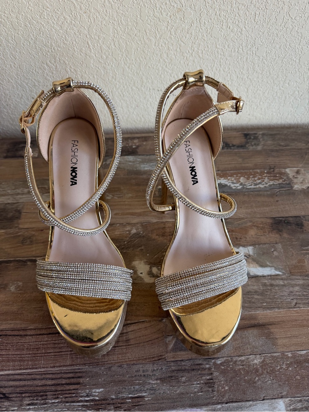 Fashion Nova Gold Crystal Wrap-Strap Platform Heels